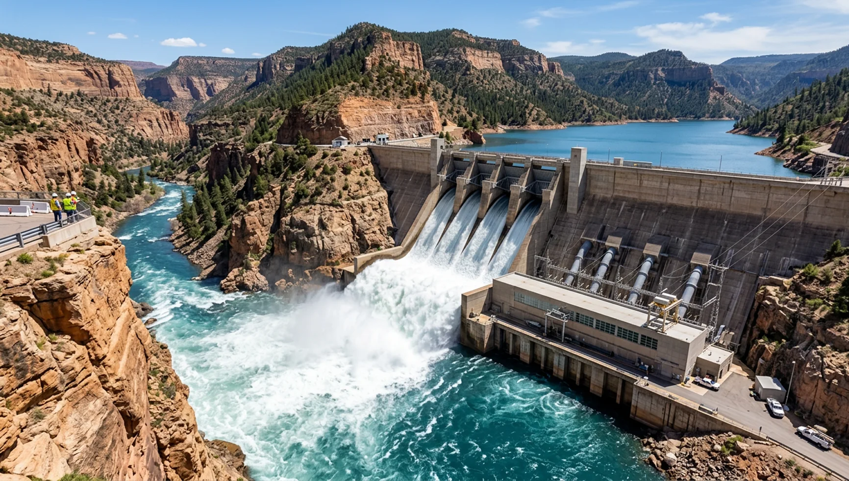Hydroelectric dam and power station in a mountain valley