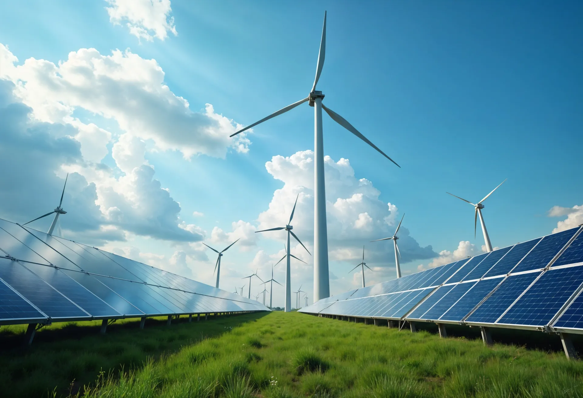 Solar panels and wind turbines producing renewable energy